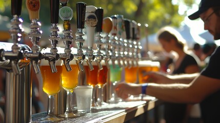 A vibrant scene of a beer tap station with patrons enjoying various drinks.