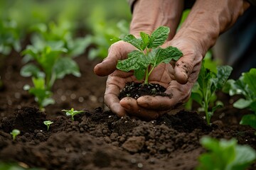 Nurturing Growth: A Gardener's Hands Planting a Young Seedling in Rich Soil
