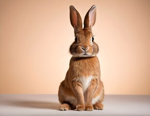 Fototapeta premium Curious rabbit sitting upright on a wooden surface against a soft beige background in indoor setting