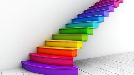  A white room features a multi-colored staircase on a wooden floor and white painted walls