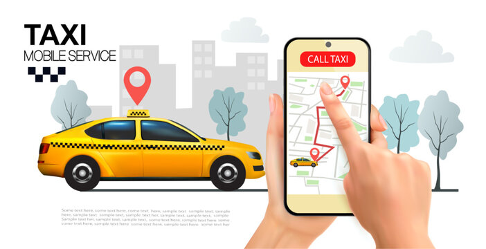 Taxi service concept. Yellow taxi car driving to the call place and hand holding smartphone with taxi service mobile app or ordering taxi online.