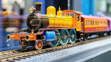   A toy train sits on top of a track beside a glass display featuring yellow, red, and blue trains