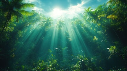 Sunbeams Through Lush Tropical Rainforest