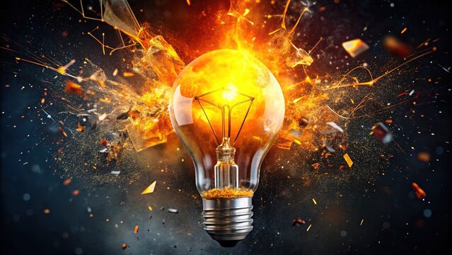 Vibrant orange and yellow fragments burst outward from a shattered lightbulb, suspended in mid-air, surrounded by a halo of bright, energetic sparks and smoke.