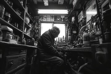 Naklejka premium A skilled craftsman diligently working amidst an array of tools and materials in a detailed and cluttered workshop under dim lighting in black-and-white