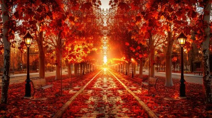 Autumn landscape of red maple trees