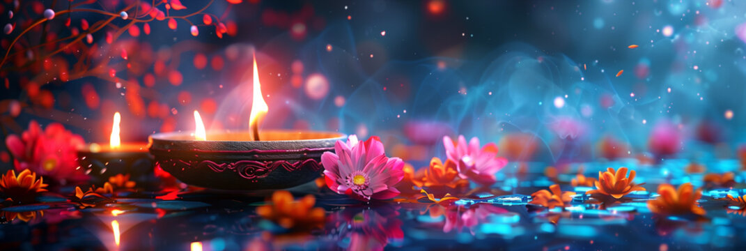 Diwali, indian holiday, Hindu festival of lights, religious celebration at the month of Ashvin, candle light and bokeh