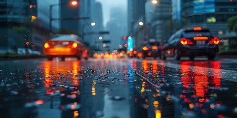 A rainy evening captures the mesmerizing reflections of city lights on the wet urban streets with cars passing by, evoking a calm and serene urban atmosphere