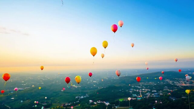Colorful hot air balloons float over a lush landscape at sunrise, creating a serene and picturesque scene.
