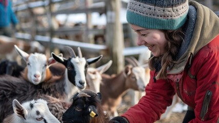 A person at a farm, smiling as they feed a group of goats, enjoying the animals' playful antics