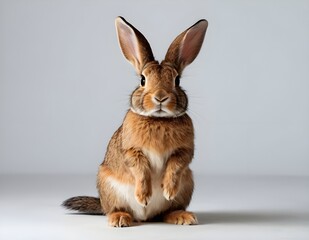 Obraz premium Curious rabbit sitting upright on a wooden surface against a soft beige background in indoor setting