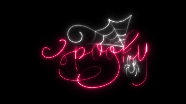 Neon spooky text. BOO! neon sign. Halloween concept. Animated banner. Line art. Isolated on black background. Holiday. Halloween message. Spider web. Shirt, card, poster, tee. Red text . Scary quote.
