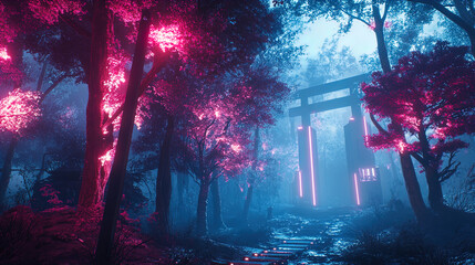 Fototapeta premium A mystical forest scene with dense trees illuminated by vibrant, neon pink lights. The trees are tall, with their leaves glowing due to the artificial lighting. A pathway made of wooden planks meander