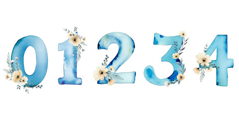 Set of blue watercolor numbers with delicate flowers. Hand painted watercolor numbers. Numbers 0 1 2 3 4.