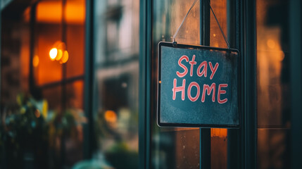 "Stay Home" sign hanging in storefront window. Concept of pandemic safety measures and social responsibility.