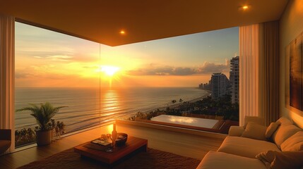 Fototapeta premium Luxurious beachfront living room in a modern high-rise apartment with panoramic sunset views over a tranquil ocean, featuring spacious interiors and sophisticated decor