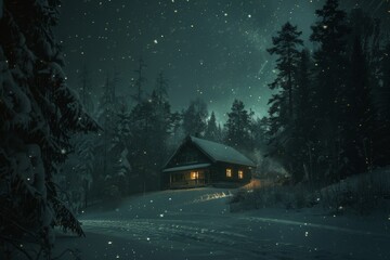 Imagine a tranquil winter landscape featuring a warm cabin nestled in a snowy forest, perfect for a calm holiday retreat. The glow from the cabins light brings a comforting touch to the cold night