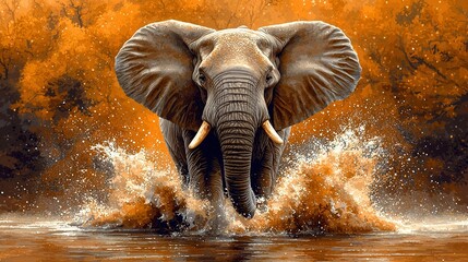   Elephant splashes in water; orange trees and sky frame painting