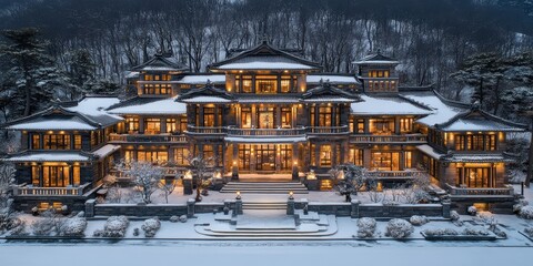 A stunning, majestic multi-tiered Asian mansion illuminated warmly and nestled in a serene, snow-covered forest landscape during a tranquil winter evening - Powered by Adobe