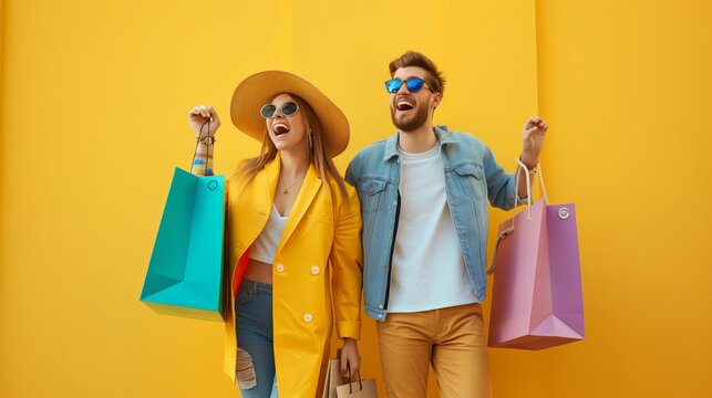 In the image, an energetic young couple wearing fashionable clothes is joyfully holding colorful shopping bags. Ideal for showcasing concepts related to lifestyle, fashion, shopping, and happiness