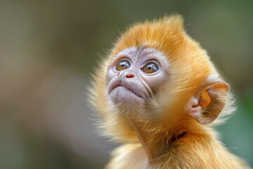 a cute baby golden monkey looking up with a playful expression, its fur ruffled