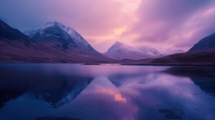 Calm reflective waters of a highland loch at dusk, with soft pinks and purples in the sky 40k, full ultra HD, high resolution.