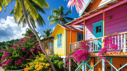  Colorful wooden houses in the Caribbean island of St. John's, Antigua, with tropical flowers and palm trees 40k, full ultra HD, high resolution.