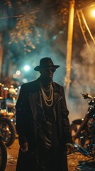 Cool Rapper in Dark Outfit Posing with Motorcycle