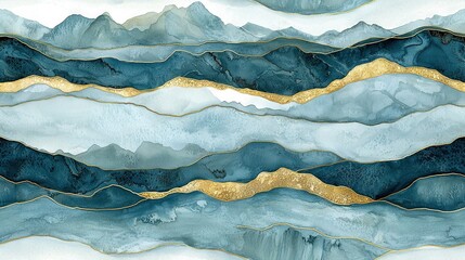   A stunning painting of golden mountain peaks set against a blue-and-white backdrop, accented by glistening gold foil along the edges