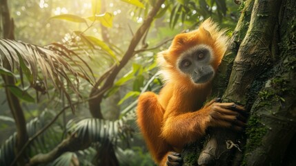 a golden monkey climbing a tree trunk, its fur catching the light as it moves