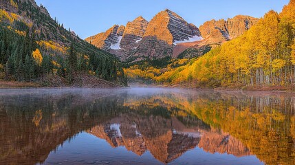 Naklejka premium A reflection of a mountain range is seen in the calm waters of a lake, encircled by autumnal foliage and distant mountains