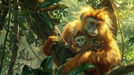 Fototapeta premium a golden monkey family, a mother holding a baby, nestled among the branches of a tall tree