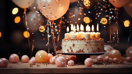 Beautiful happy birthday Background With Balloons, cake with candel and happy birthday texted on it