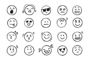 Emoji face icon doodle set. Faces with different emotion mood. Hand drawn comic sketch style. 