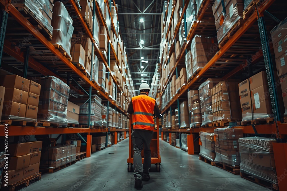 Poster a warehouse worker in a high-visibility vest managing inventory in a vast warehouse with high-stack 