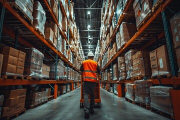 A warehouse worker in a high-visibility vest managing inventory in a vast warehouse with high-stack shelving. The image depicts logistics, storage, supply chain, and industrial operations.