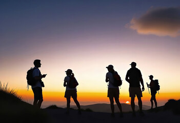 silhouettes of tourists against sunset in Europe, night landscapes, traditional scenery