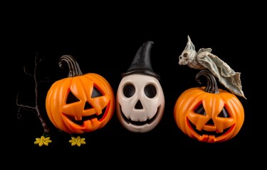 Halloween toys and decoration on dark background.