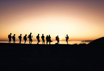 Fototapeta premium silhouettes of tourists against sunset in Europe, night landscapes, traditional scenery
