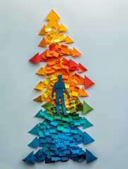 Silhouette of a person amid colorful origami pieces in upward pattern.