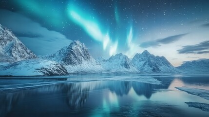 Winter night at Lofoten, Norway, with the northern lights across the snow-capped mountains, frozen sea, and reflection in the water. Snow-covered rocks and the aurora borealis. Road, fjord, starry sky