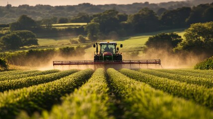 Fototapeta premium Tractor spraying a field with pesticides or fertilizer, agriculture background concept, 16:9