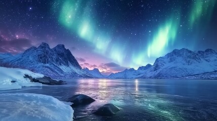 Naklejka premium Winter night at Lofoten, Norway, with the northern lights across the snow-capped mountains, frozen sea, and reflection in the water. Snow-covered rocks and the aurora borealis. Road, fjord, starry sky