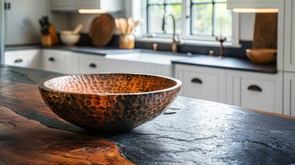 Copper bowl on a rustic wooden countertop in a modern kitchen.