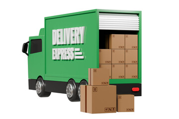 3D Green Truck delivery express back door open with parcel box delivery icon on isolated purple background. Online shopping or E-commerce concept. Minimal Cartoon Van truck logistic icon. 3d render.