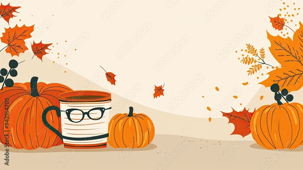 Sticker A cute vector illustration of an autumn book, coffee mug