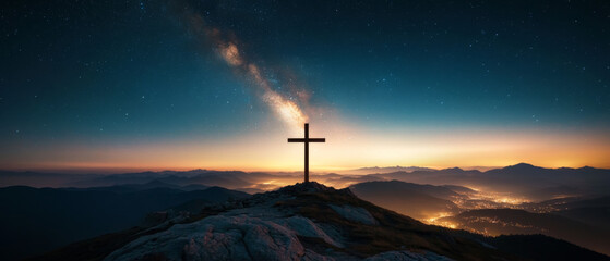A cross is on a mountain top at night