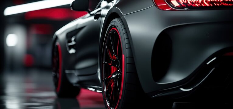 headlights of an expensive gray car, against a black background
