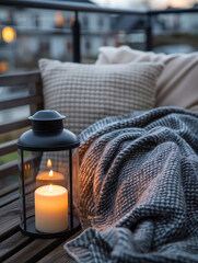 Candle lantern on a cozy patio with blanket and cushions