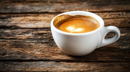 Fototapeta premium A close-up of a cup of coffee on a wooden table with a heart drawn on its interior